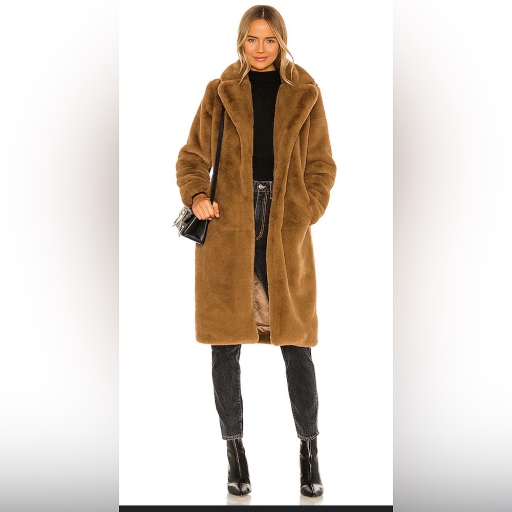 Apparis Camel Faux Fur Long Coat Teddy Coat Size Small Cruelty Free